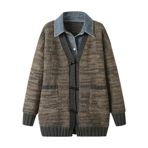 Pre Order:  Brown Knitted Patchwork Denim Cardigan Sweater