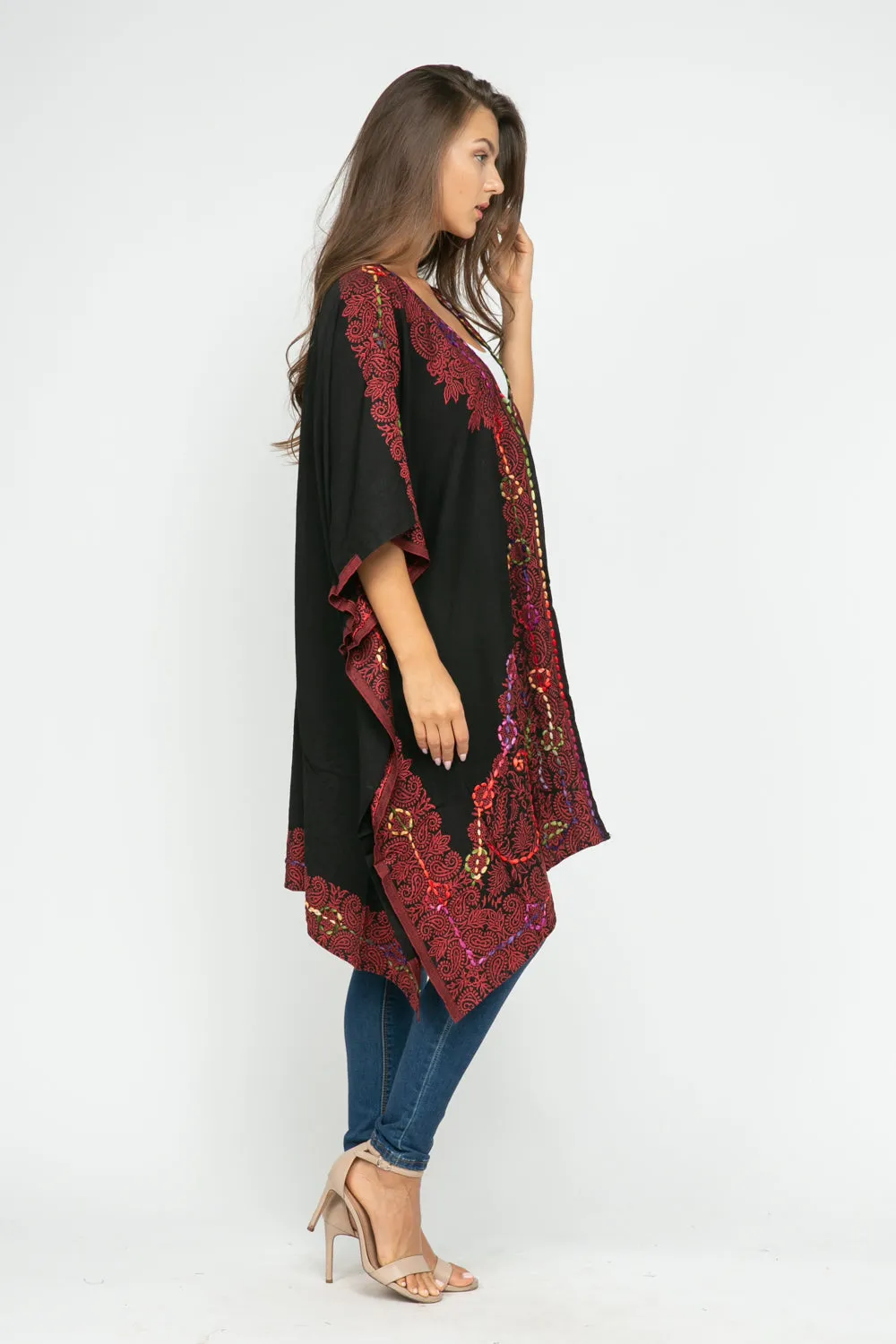 RAJ ALLISON BLACK RED EMBROIDERED KIMONO