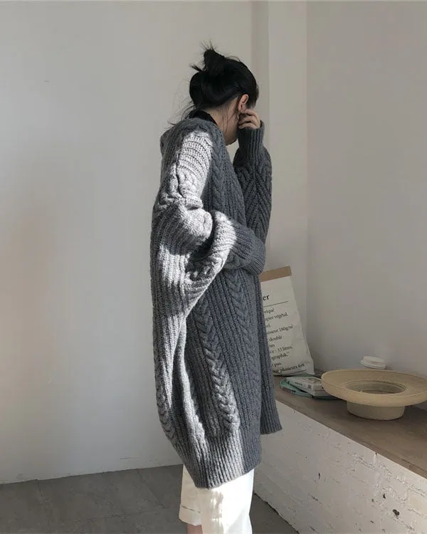 Retro simple thickened loose twist long knitted cardigan