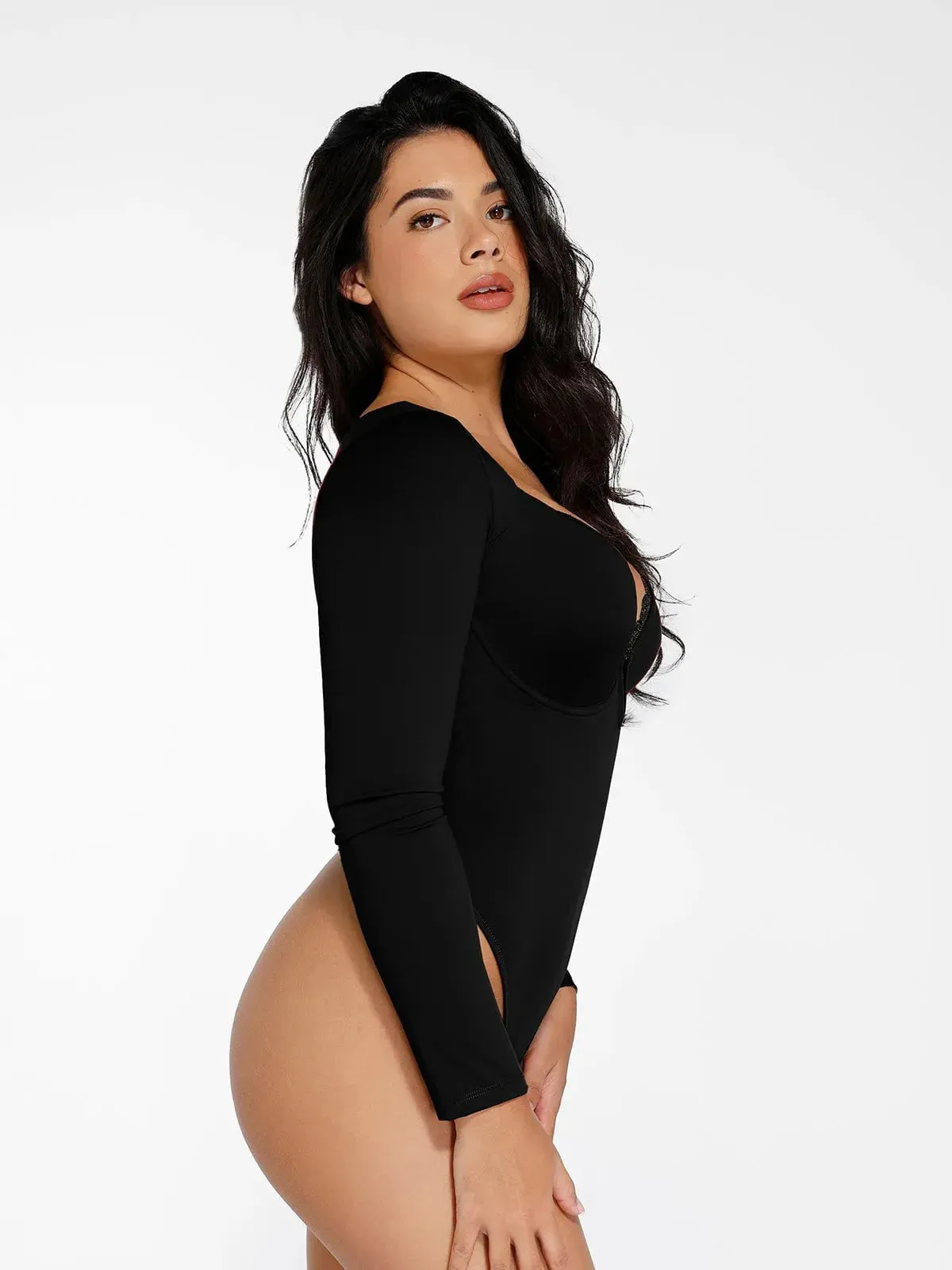 Shapewear Long Sleeve Lace Trim V-Neck Slimming Bodysuit