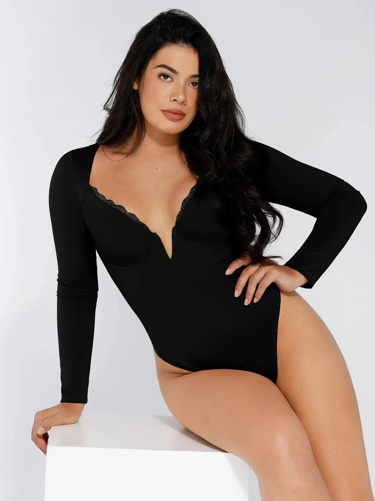 Shapewear Long Sleeve Lace Trim V-Neck Slimming Bodysuit