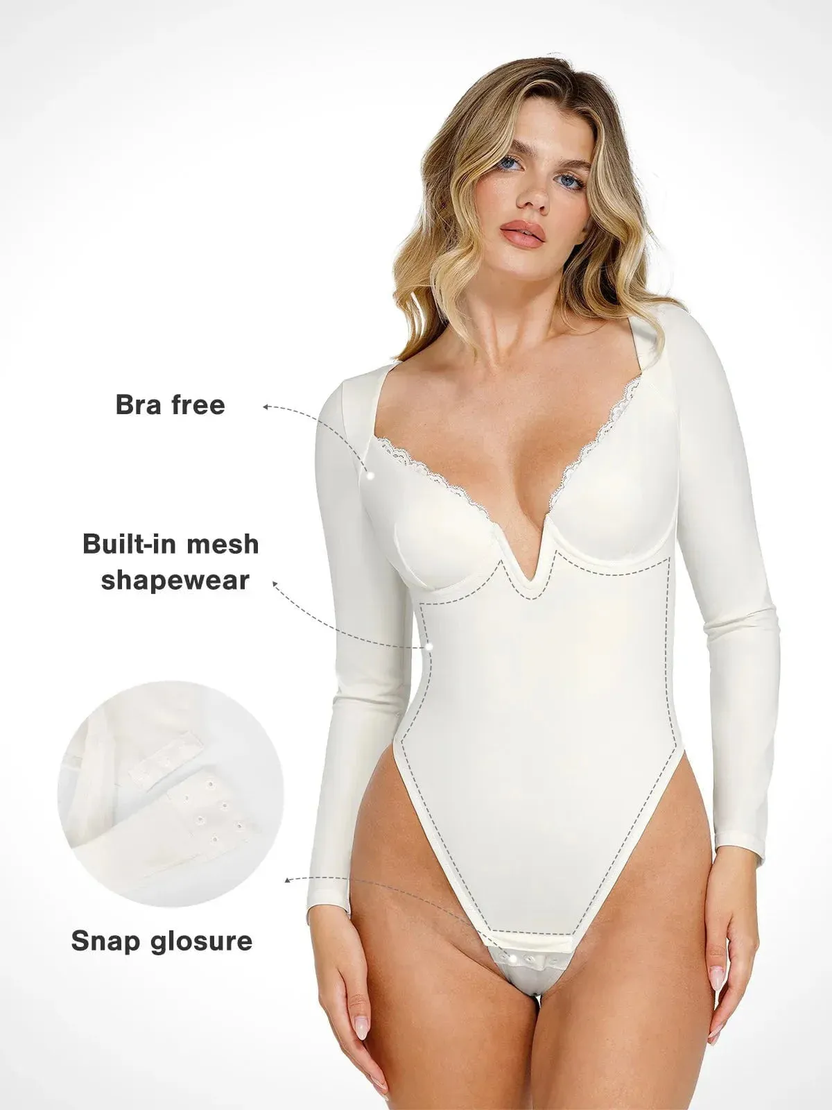 Shapewear Long Sleeve Lace Trim V-Neck Slimming Bodysuit