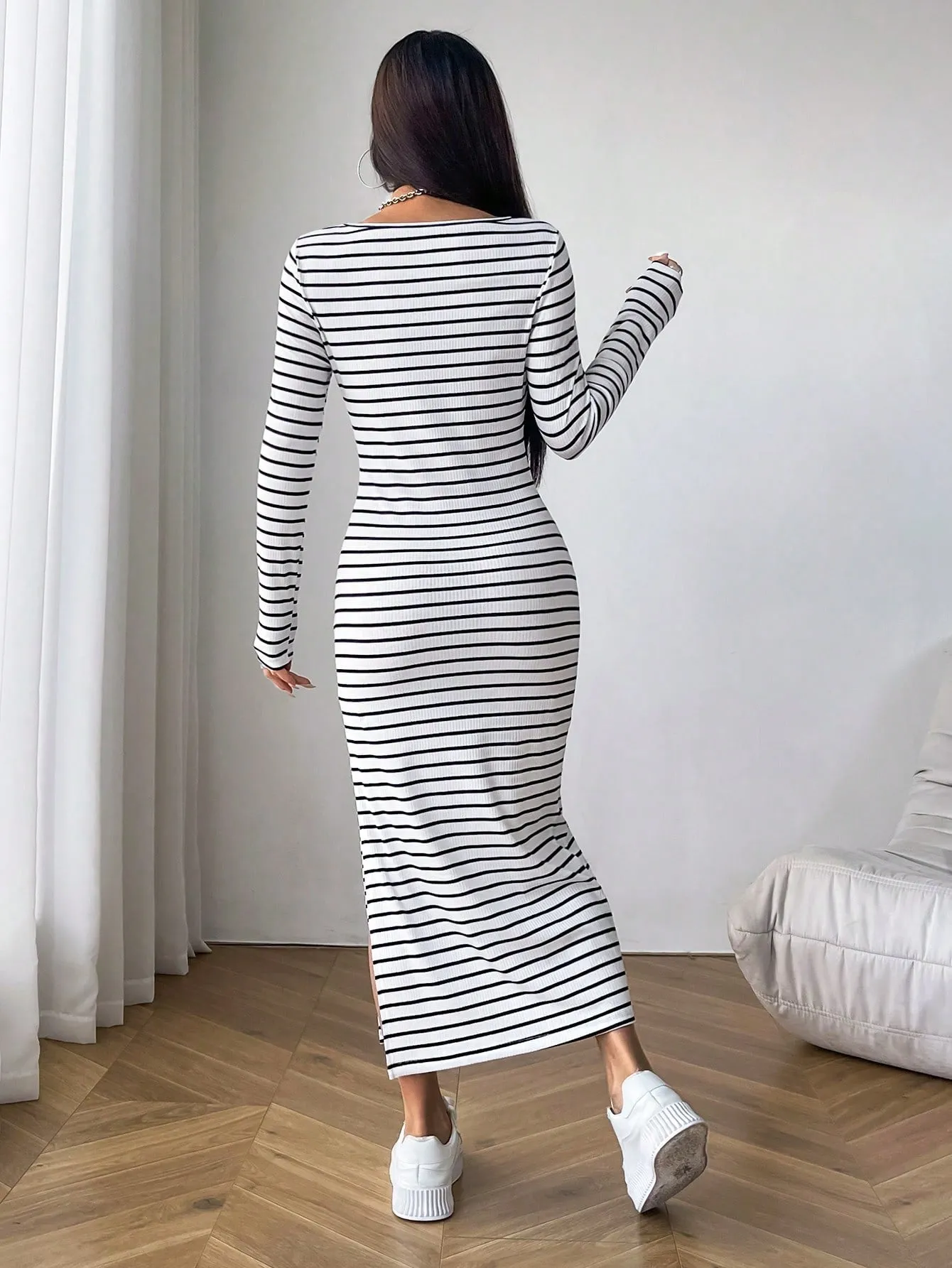 SHEIN EZwear Black And White Tight Striped Square Neck Bodycon Dress