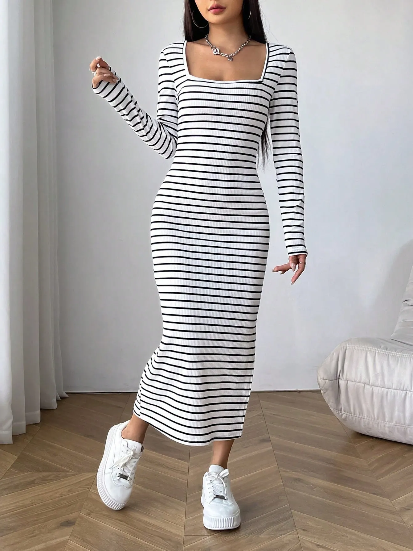 SHEIN EZwear Black And White Tight Striped Square Neck Bodycon Dress