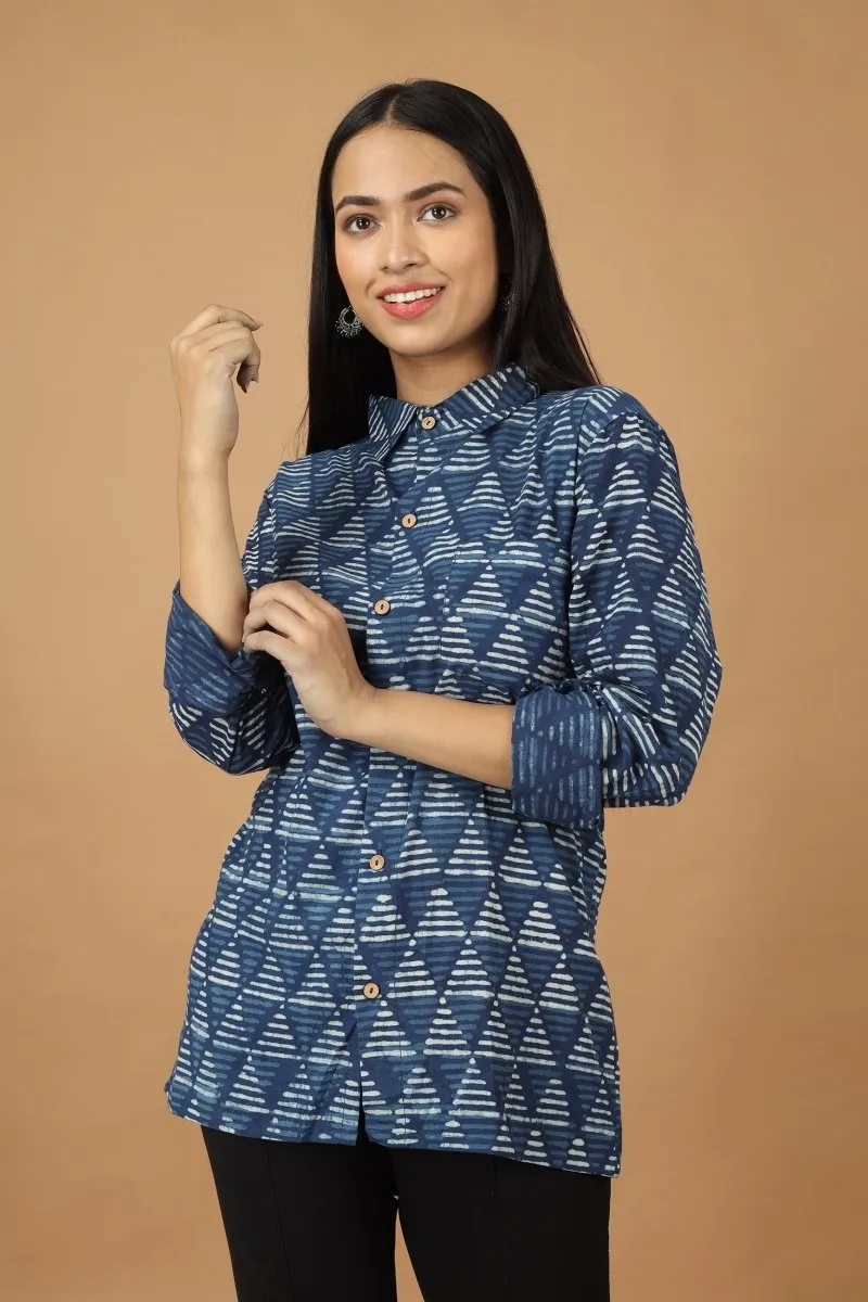 Trikona Dabu Indigo Womens Cotton Shirt