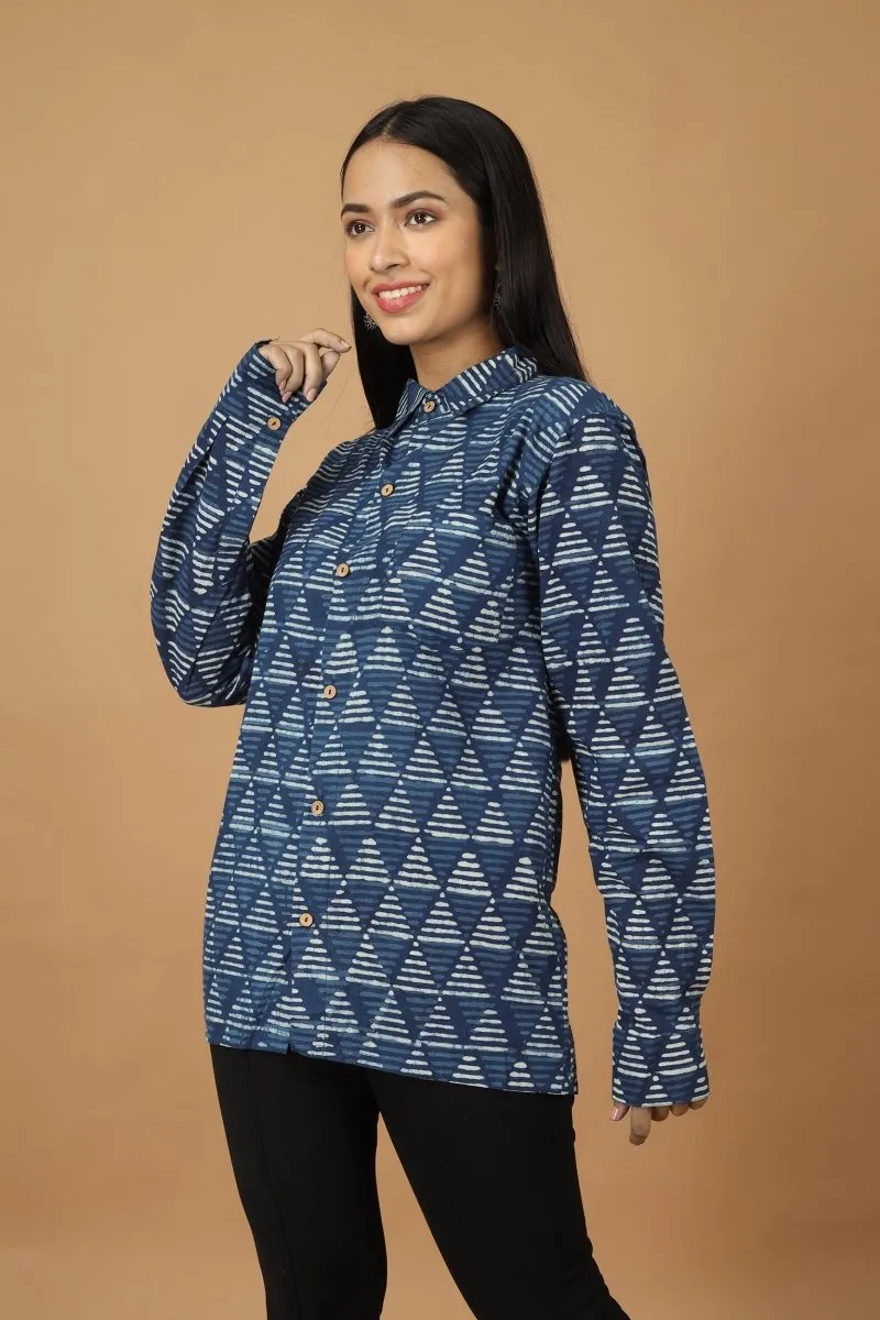 Trikona Dabu Indigo Womens Cotton Shirt