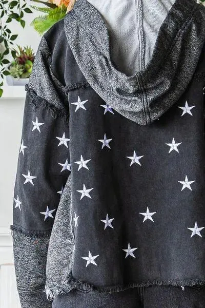 Veveret Star Embroidered Hooded Black Denim Jacket