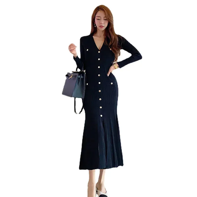 Vintage Korean Maxi Dresses for Women Party Long Sleeve V-neck Mermaid Dress Elegant Fashion Ladies Vestidos Femme Autumn 2023