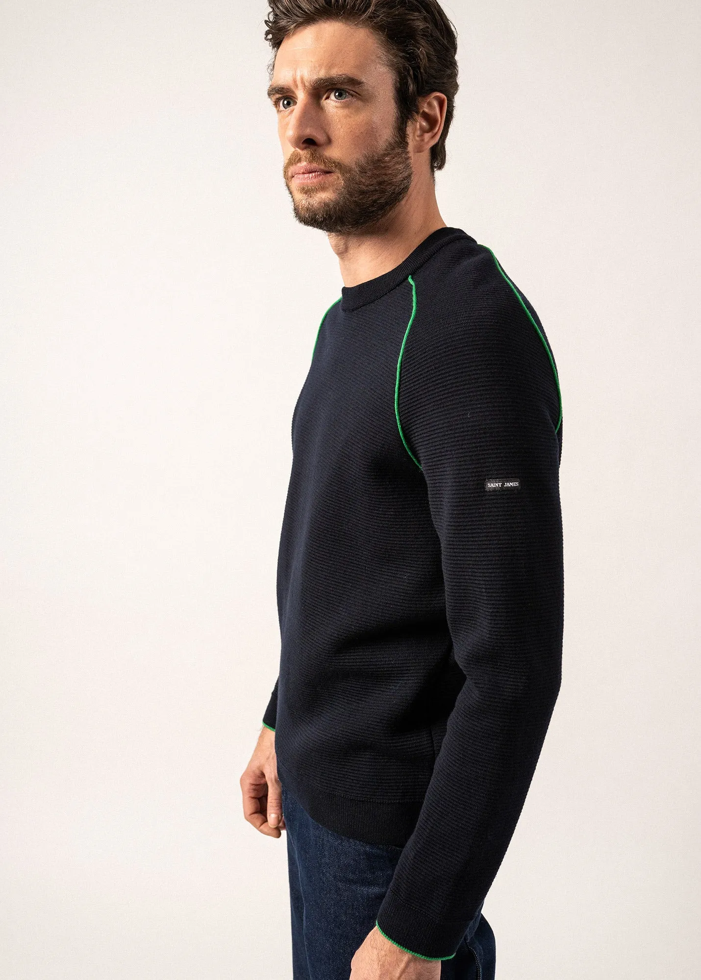 Vizile Wool Jumper - round neck, with contrast trim (NAVY/TREFLE)