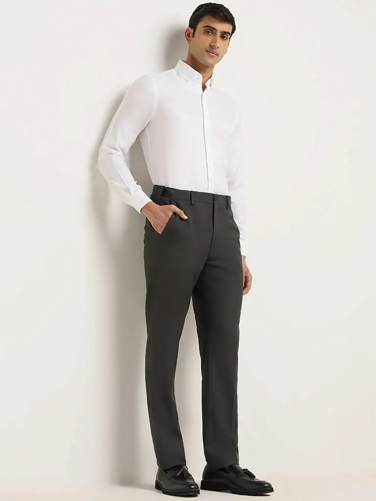 WES Formals Grey Self-Patterned Cotton Relaxed Fit Trousers