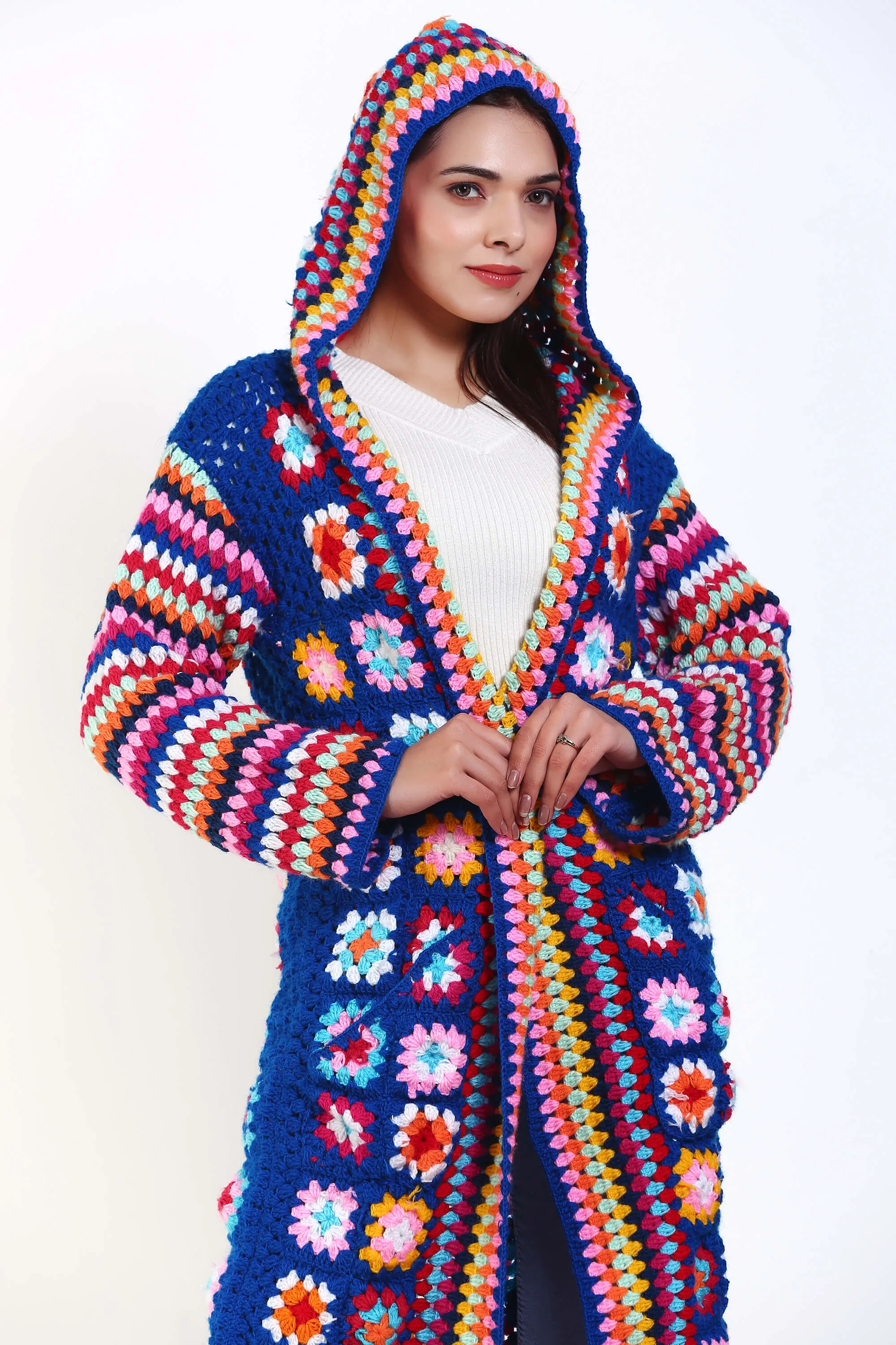 Woman Cap hooded long granny square coat or cardigan with pockets