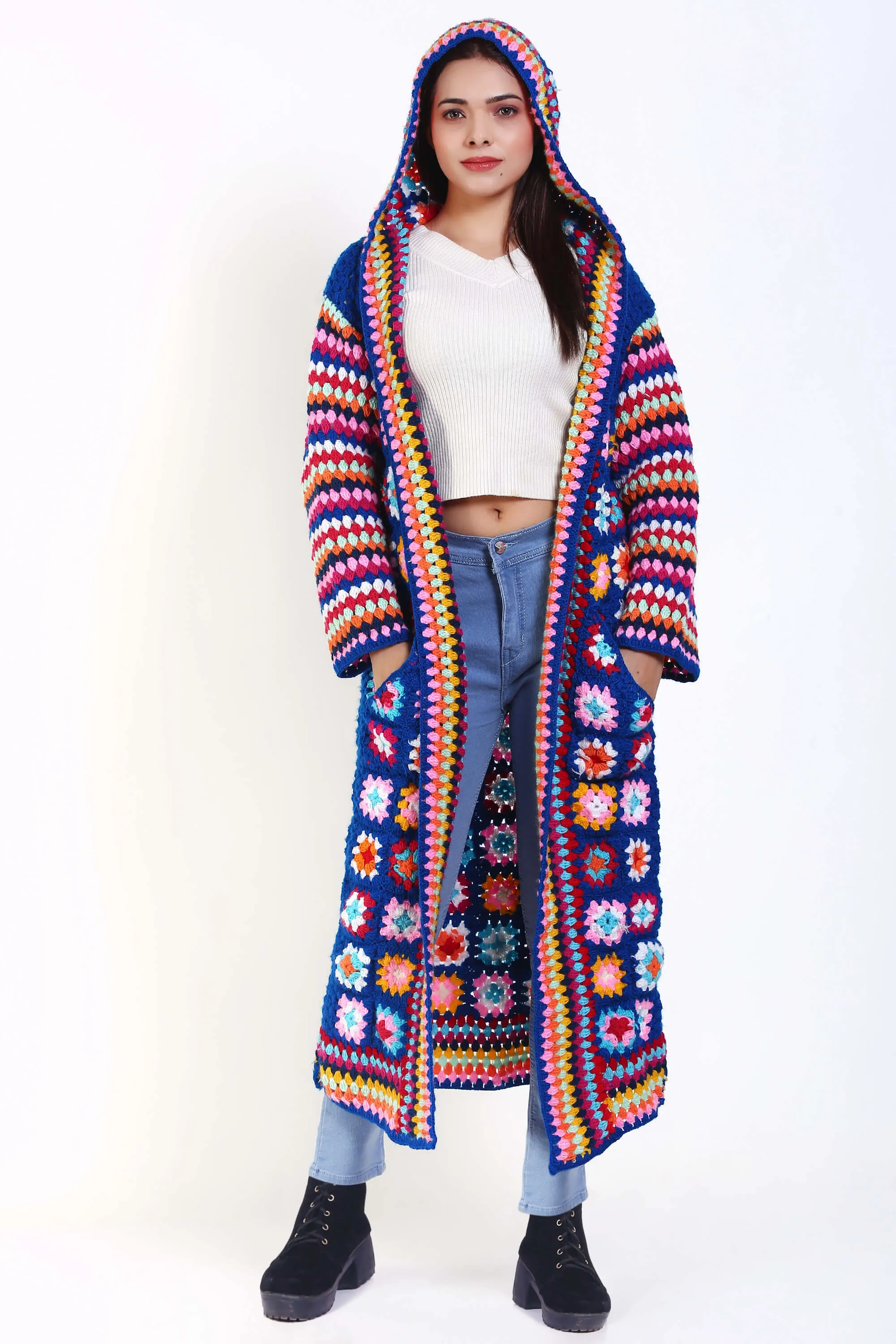 Woman Cap hooded long granny square coat or cardigan with pockets