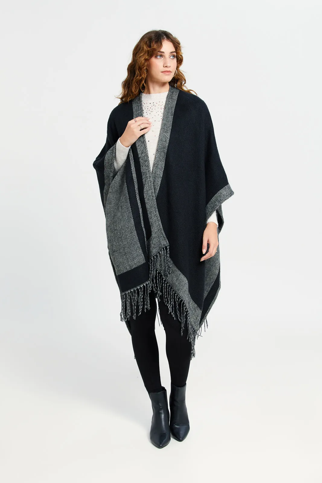 Women Black Jacquard Border Poncho