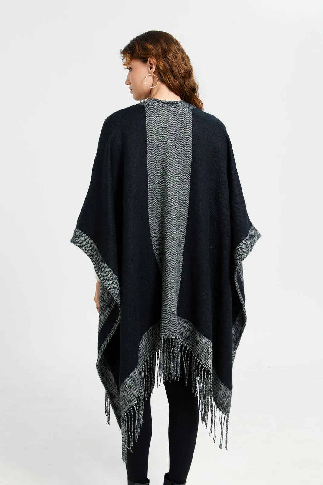 Women Black Jacquard Border Poncho