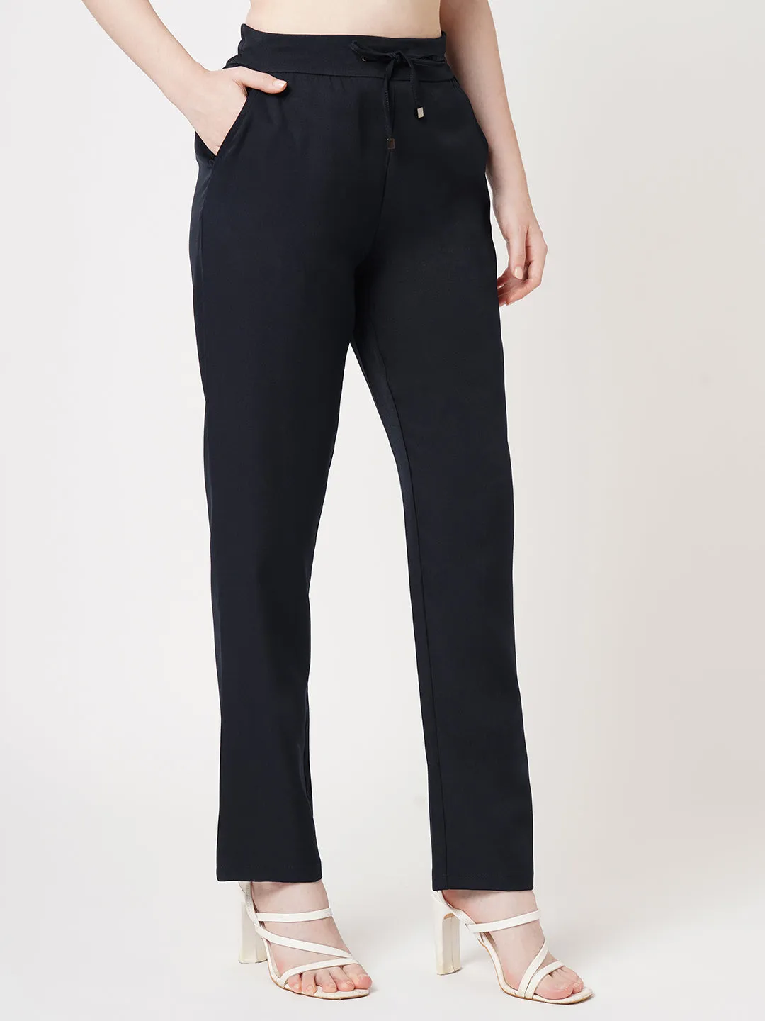 Women Navy Mid-Rise Slim Fit Trouser