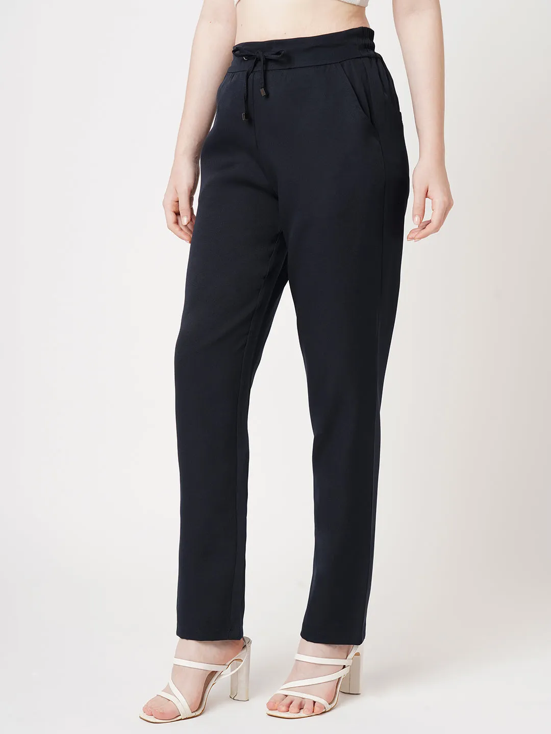 Women Navy Mid-Rise Slim Fit Trouser