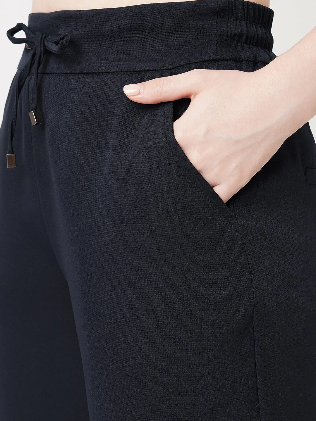 Women Navy Mid-Rise Slim Fit Trouser